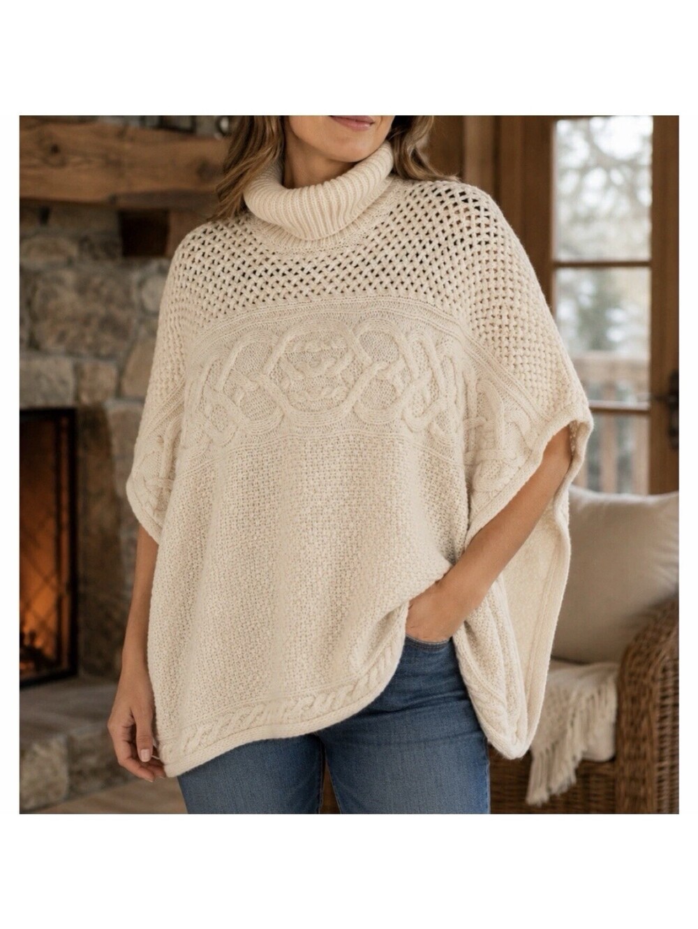 Ralph Lauren Women's Ivory Off-White Chunky Cable Knit Sweater Poncho Size L/XL